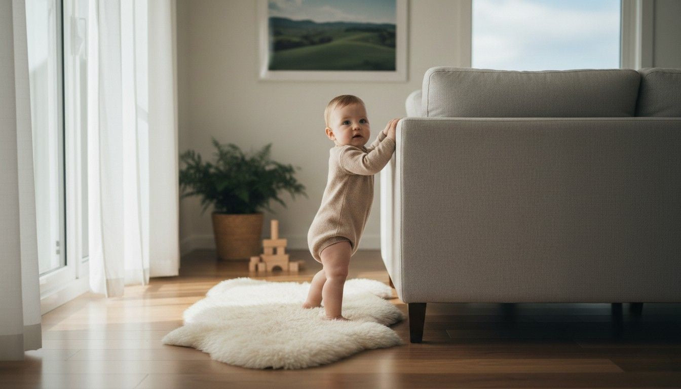 NZ baby pulling to stand on furniture barefoot at 9 months.