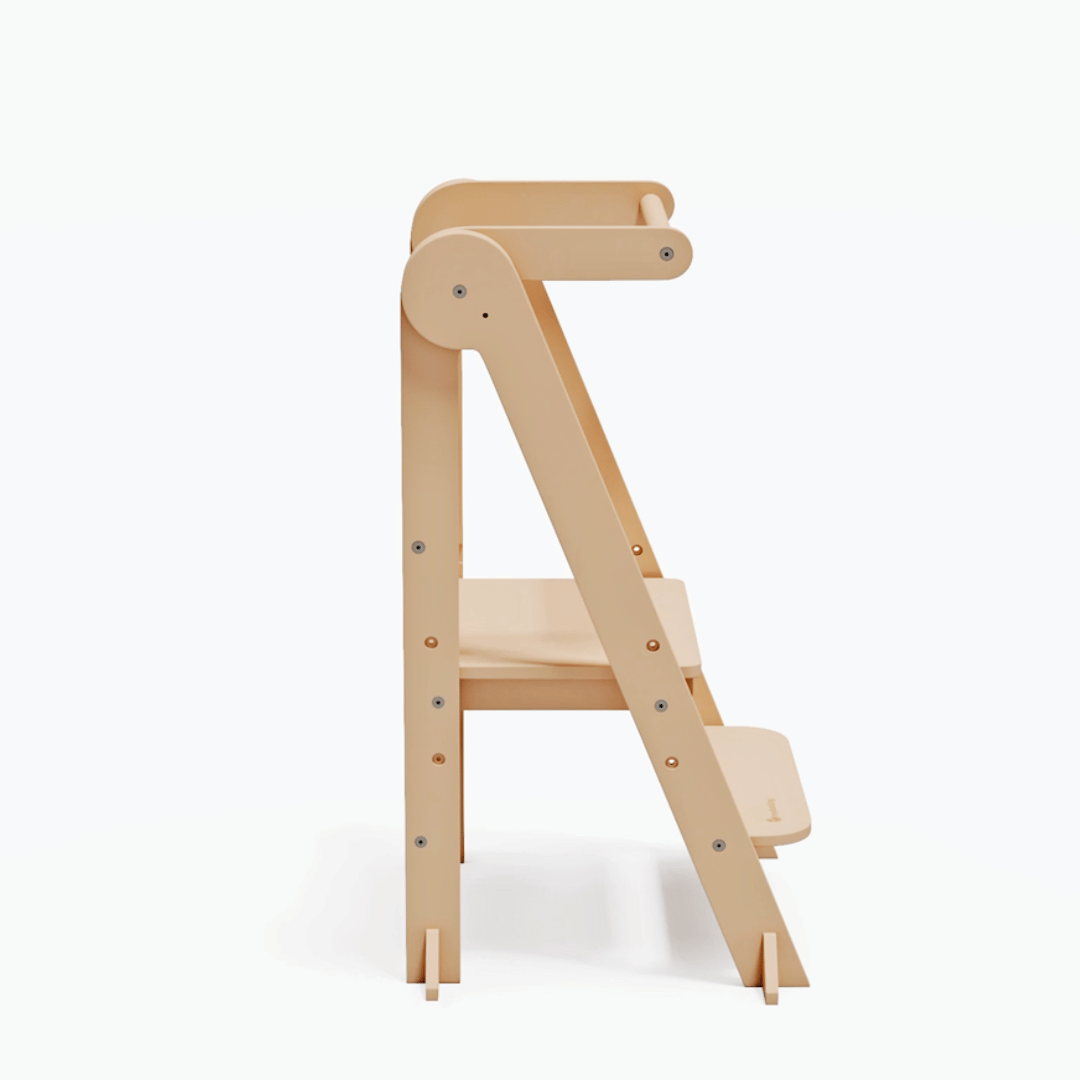 MILA folding learning tower side view showing slim foldable design - myduckling