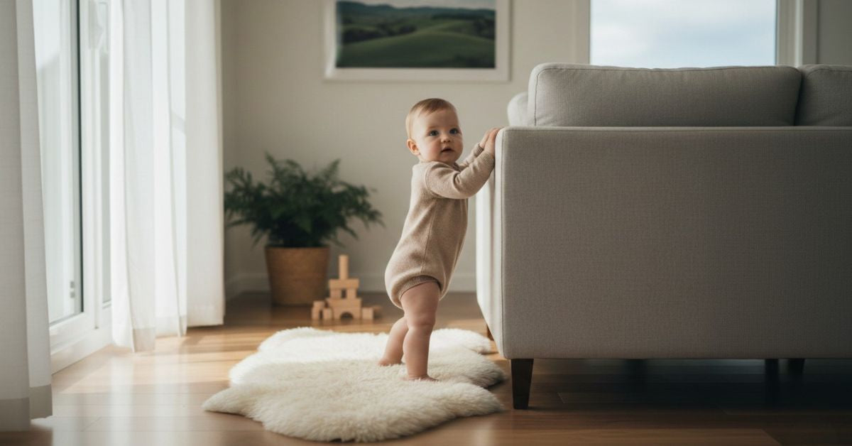 NZ baby pulling to stand on furniture barefoot at 9 months.