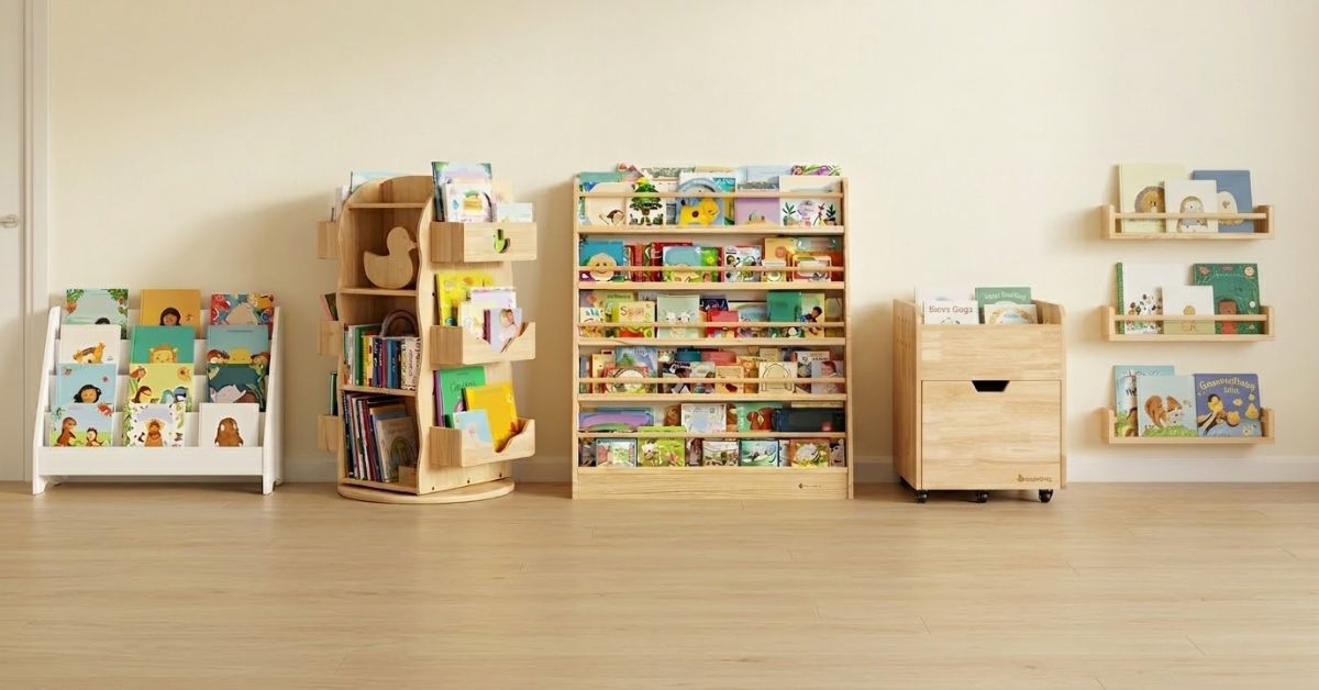 Five types of kids bookshelves compared side by side including Montessori front-facing rotating ladder wall-mounted and multi-functional styles