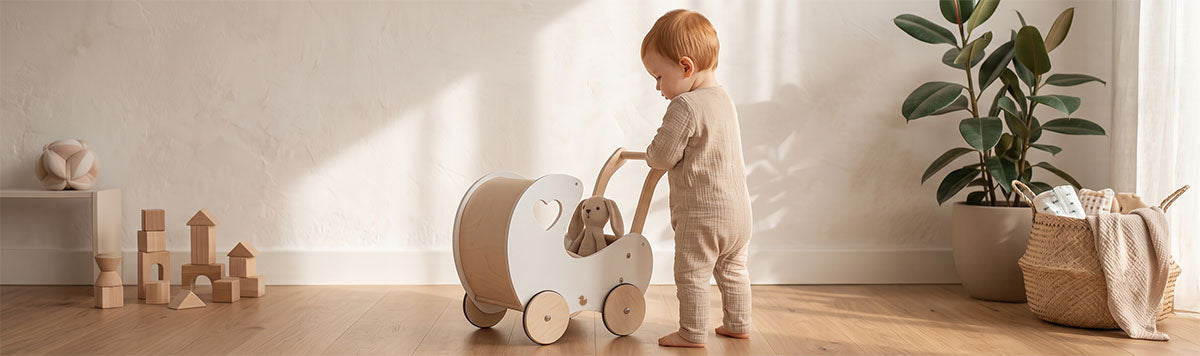 Wooden baby walker and doll pram for first steps