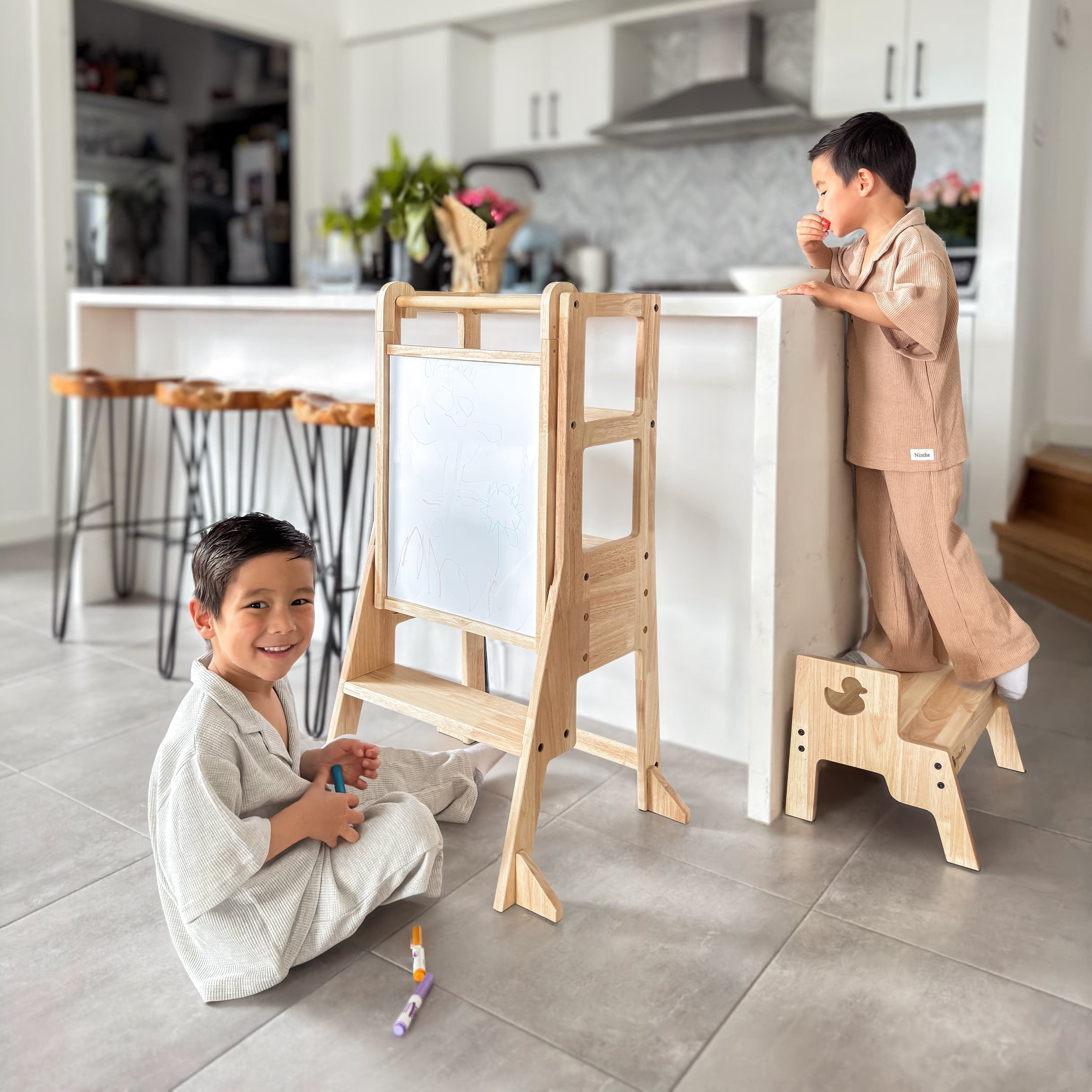 JALA Deluxe Solid Wood Adjustable Learning Tower - Duck Stool Handle